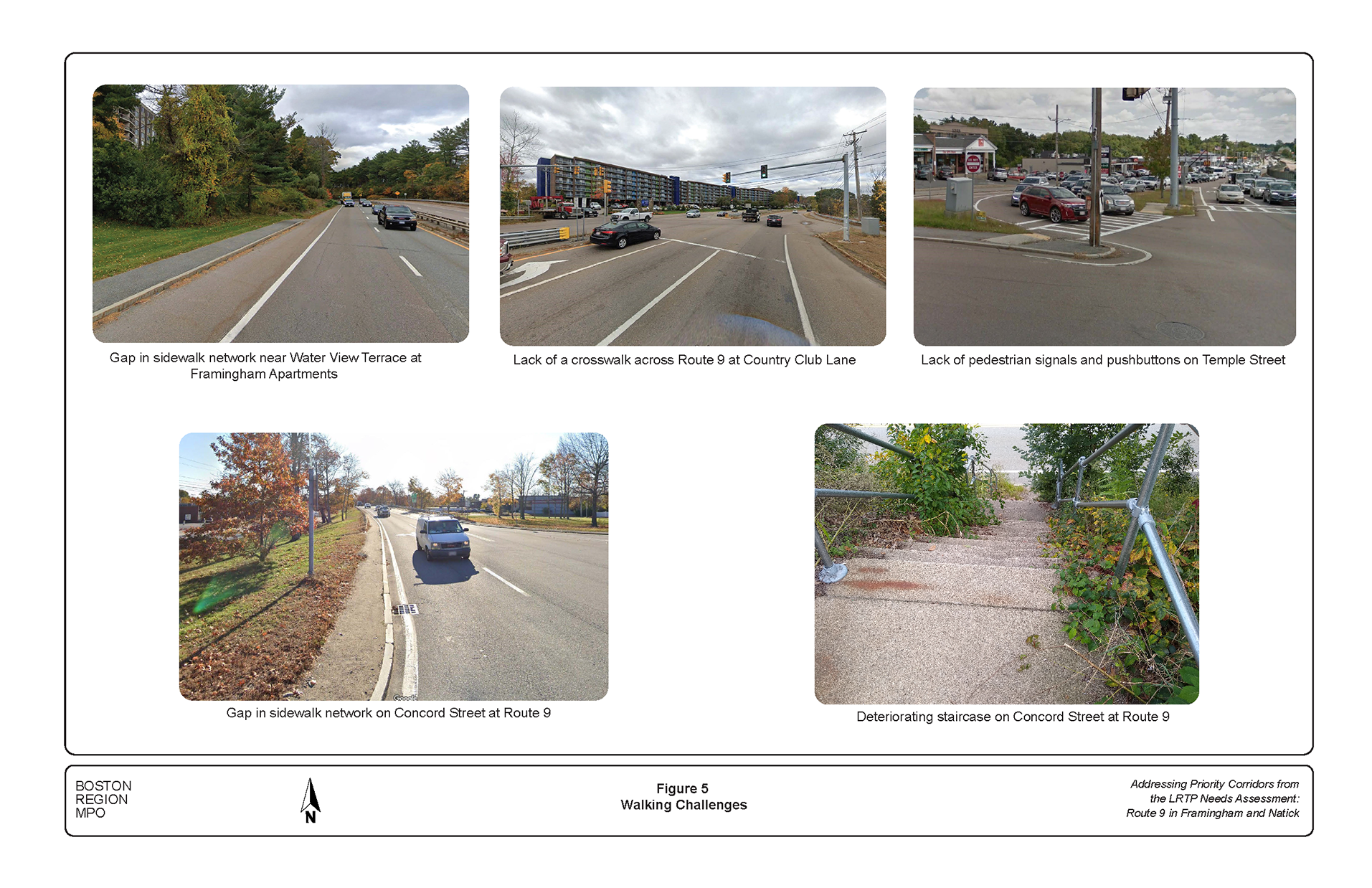 Figure 5 includes photos illustrating challenges for people walking in the Route 9 corridor